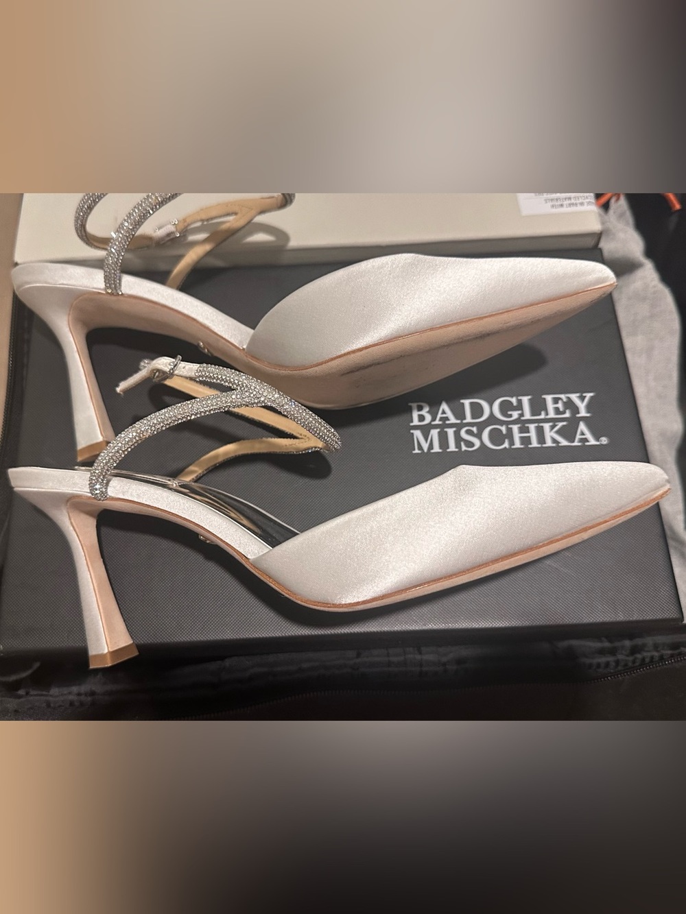 Badgley Mischka Ivory Satin Pointed-Toe Ankle-Strap Heels with Crystal Strap - Picture 2 of 5